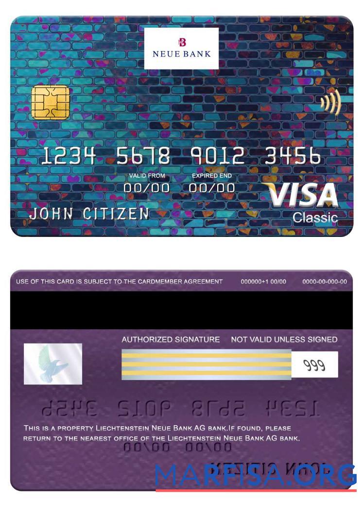 Downloadable Liechtenstein Neue Bank AG bank visa classic card sample